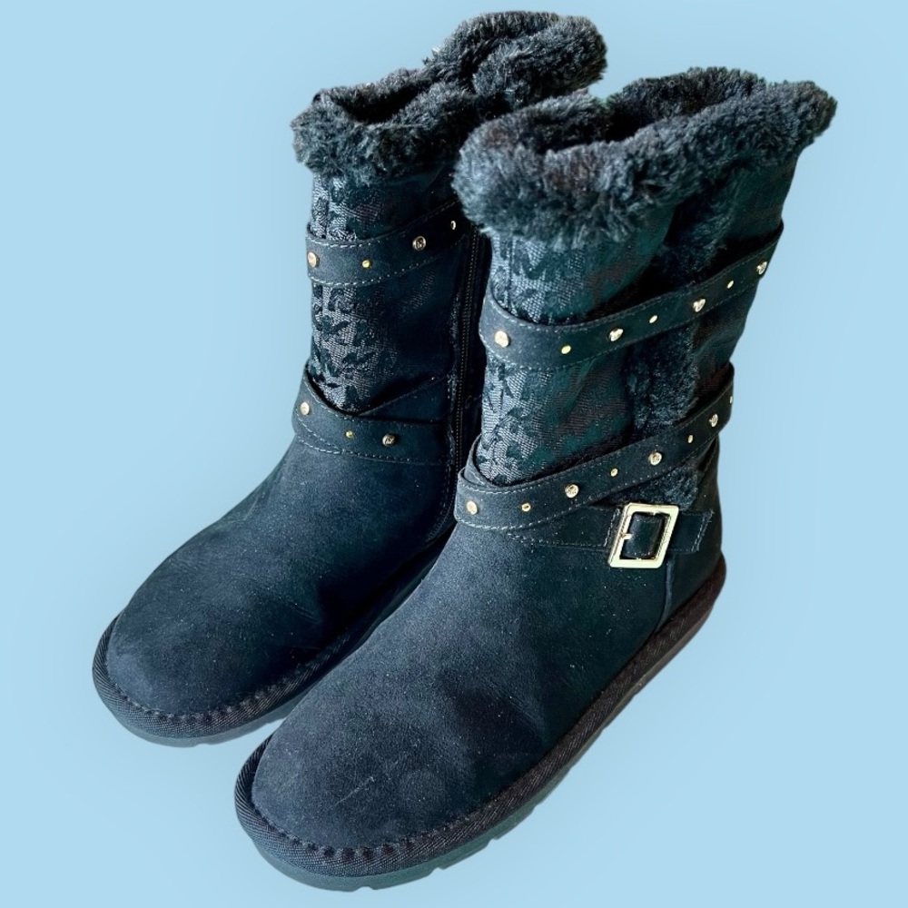 Michael Kors MK Black Suede Leather Boots Fleece Lined Side Zip Up Plush Size 5
